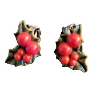 Vintage Holly Leaf Berries Clip On Enamel Christmas Earrings